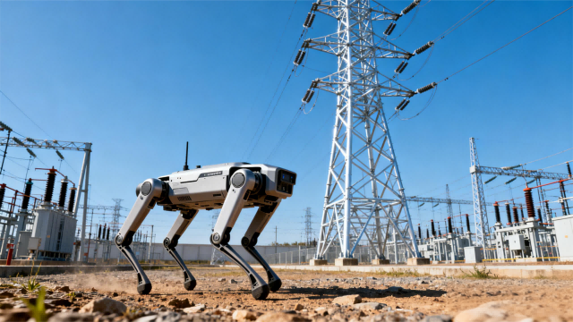 jimeng-2025-12-17-7337-写实摄影风格，四足机器人在变电站的户外设备区巡检。机器人正在高压输电塔附近行走，