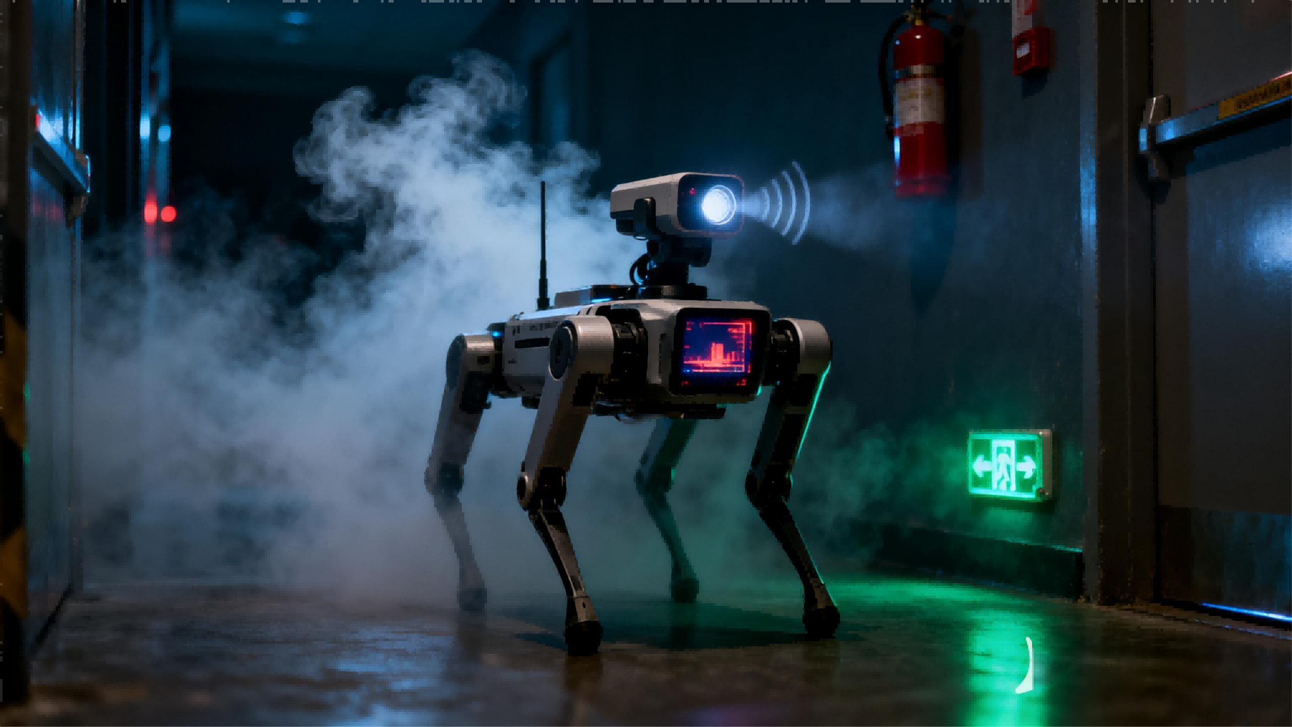 jimeng-2025-12-17-9886-写实摄影风格，四足机器人在夜间巡查消防通道，检测到异常烟雾。机器人的AI摄像头发