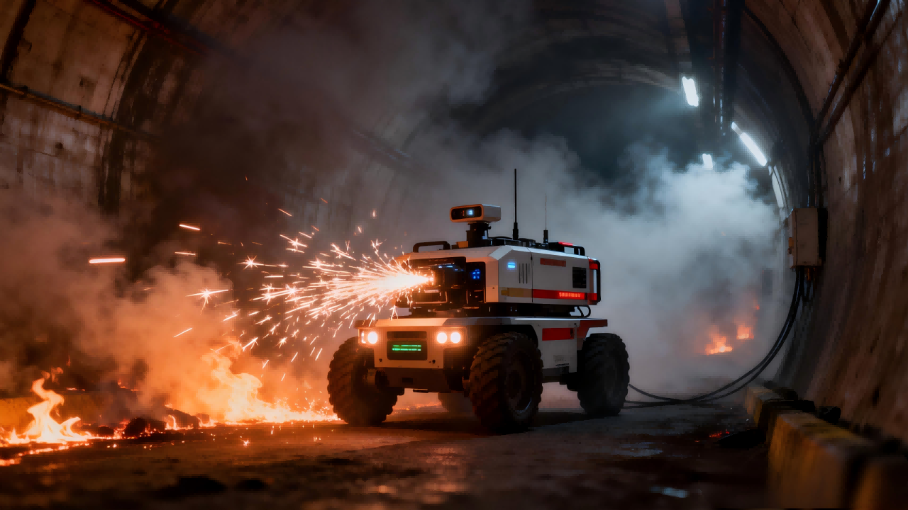 jimeng-2025-12-23-2856-充满烟雾和热浪的隧道火灾现场，消防无人车在狭窄空间内执行任务，充电时产生的火花在