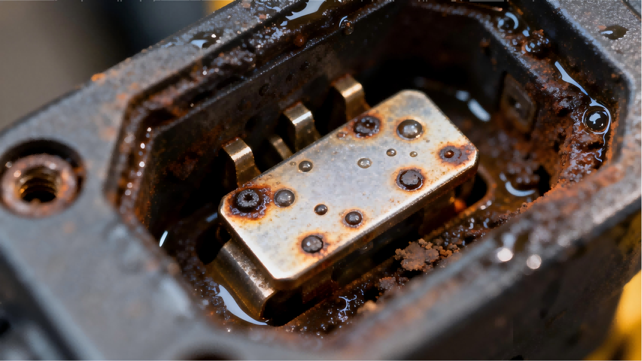 jimeng-2026-01-05-3341-宏观视角，展示一个焊接机器人充电接口的内部结构。金属触片上覆盖着一层均匀的氧化膜